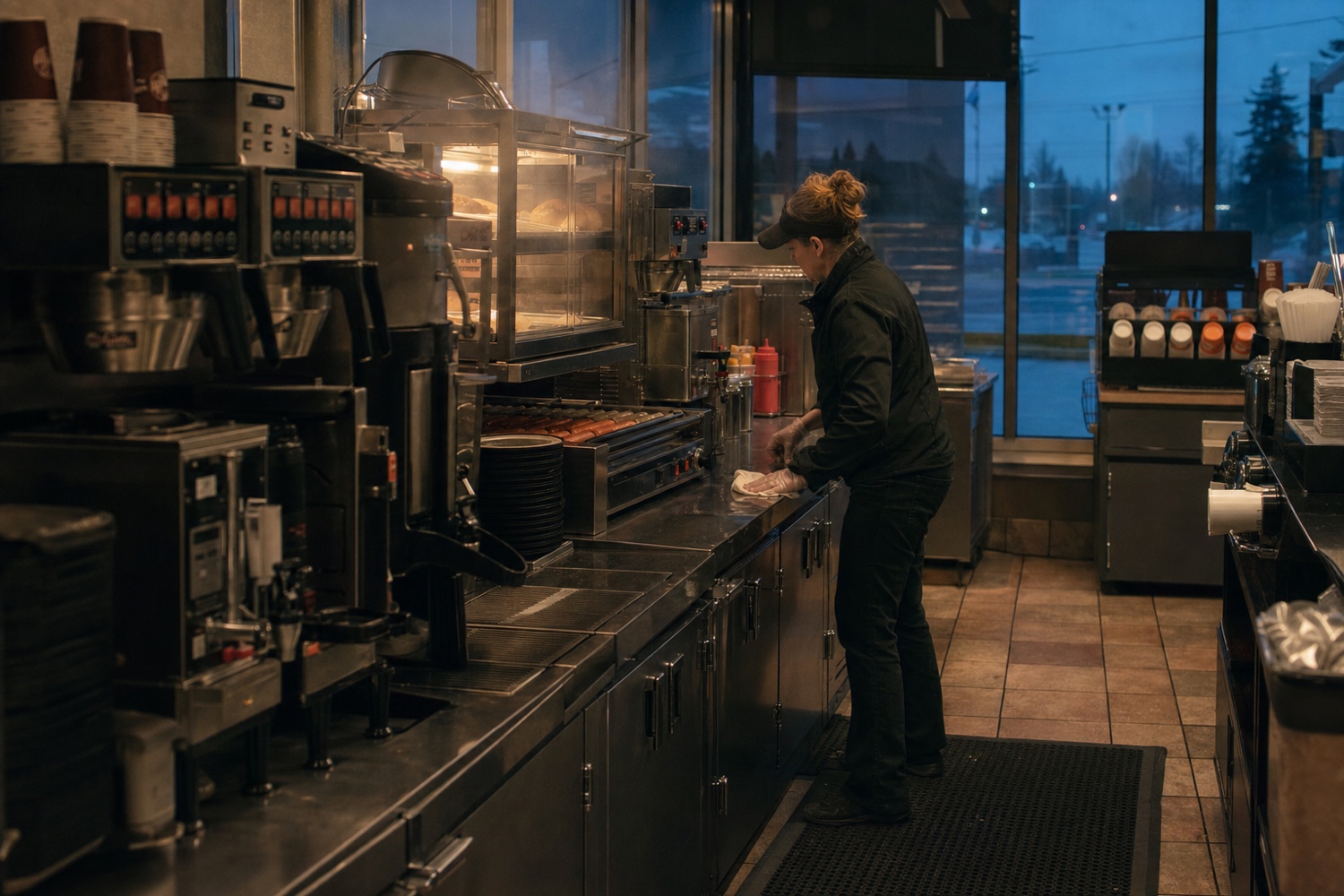 A convenience-store worker cleaning a coffee and hot-food counter before dawn