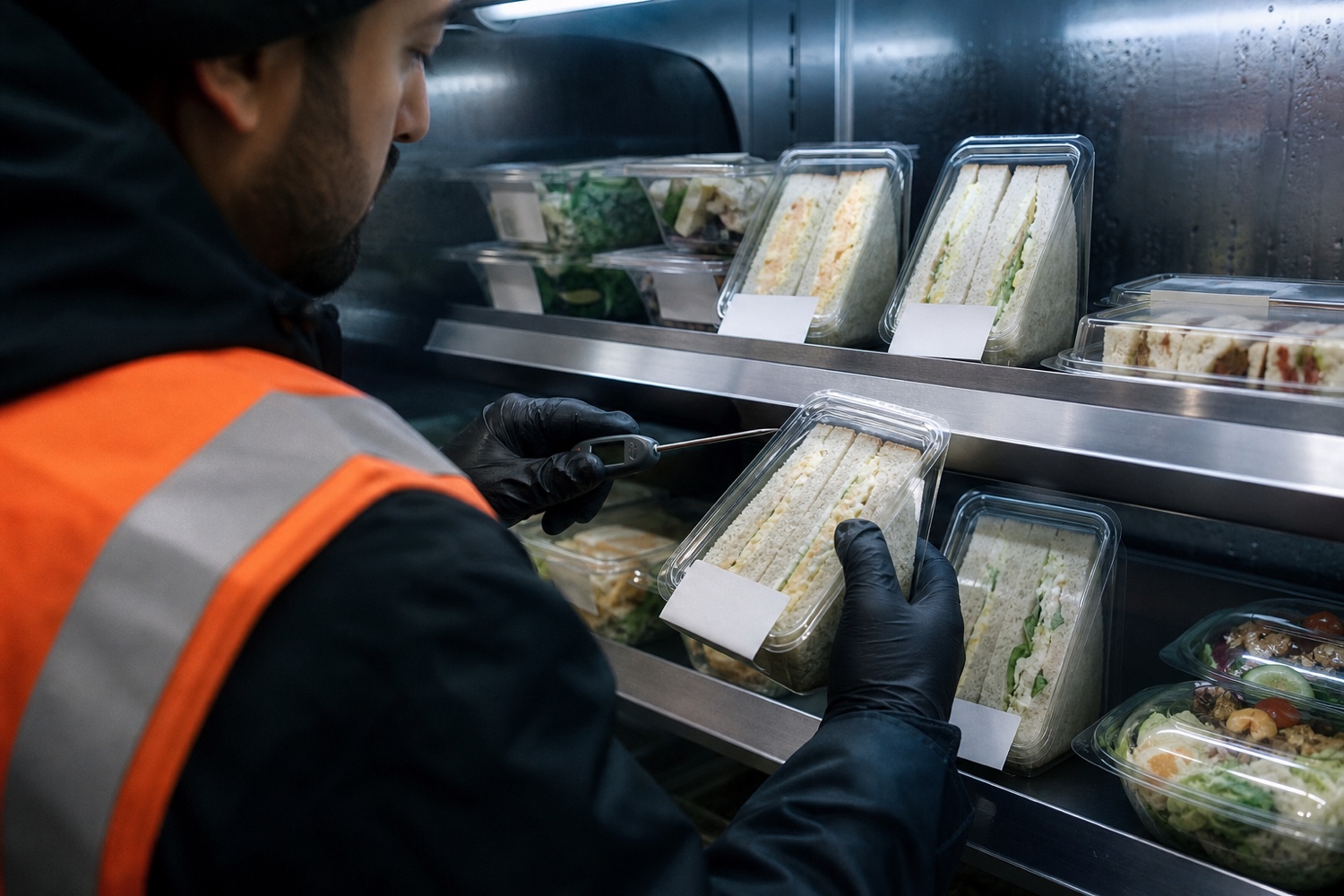 A worker checking a packaged sandwich in a refrigerated grab-and-go case