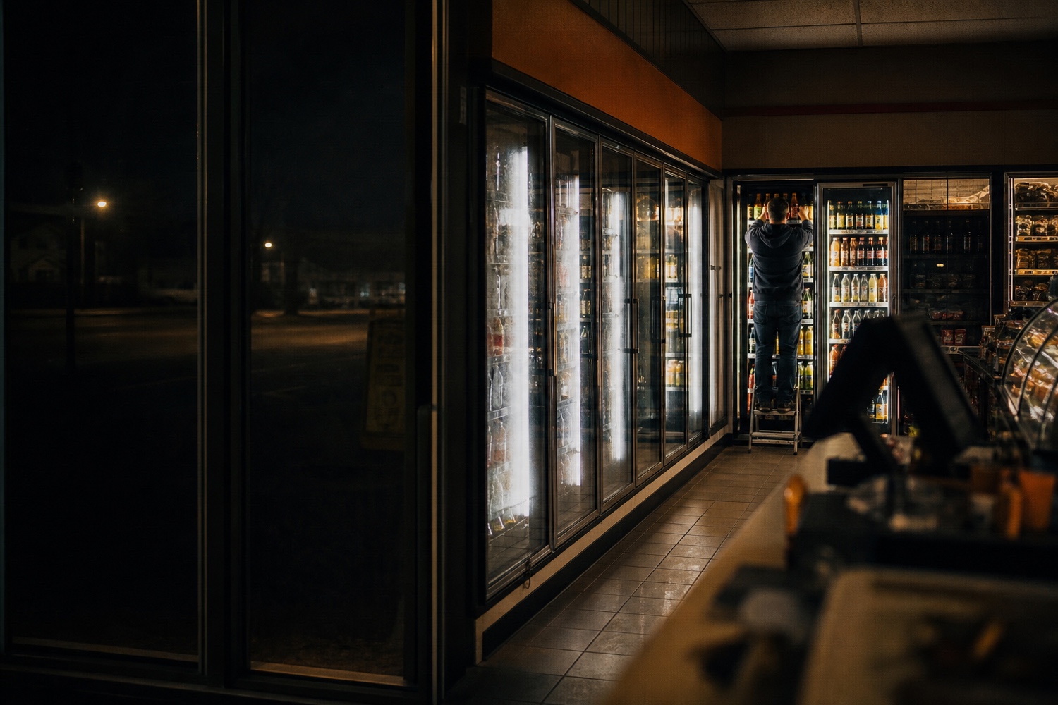 A convenience-store worker restocking an illuminated cold vault at night