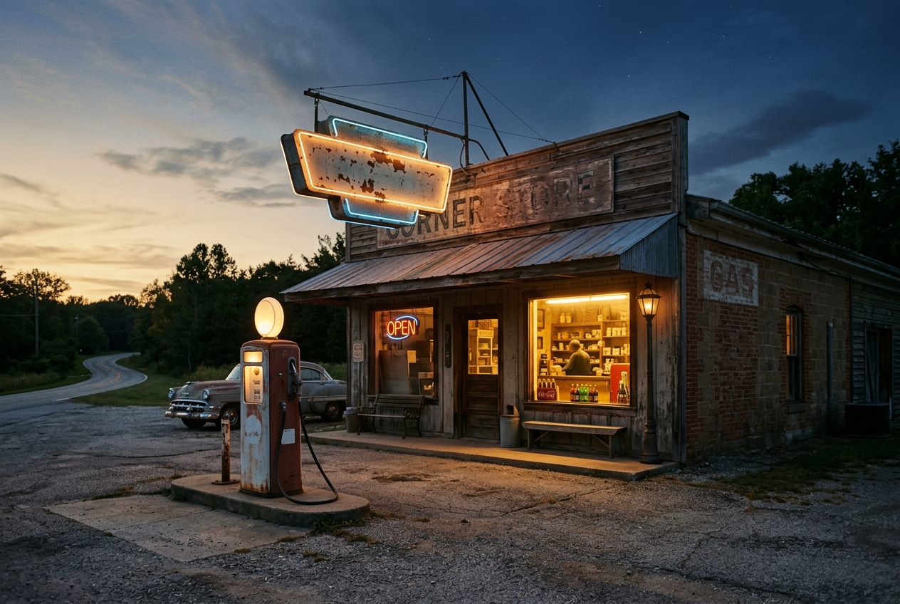 A vintage corner convenience store