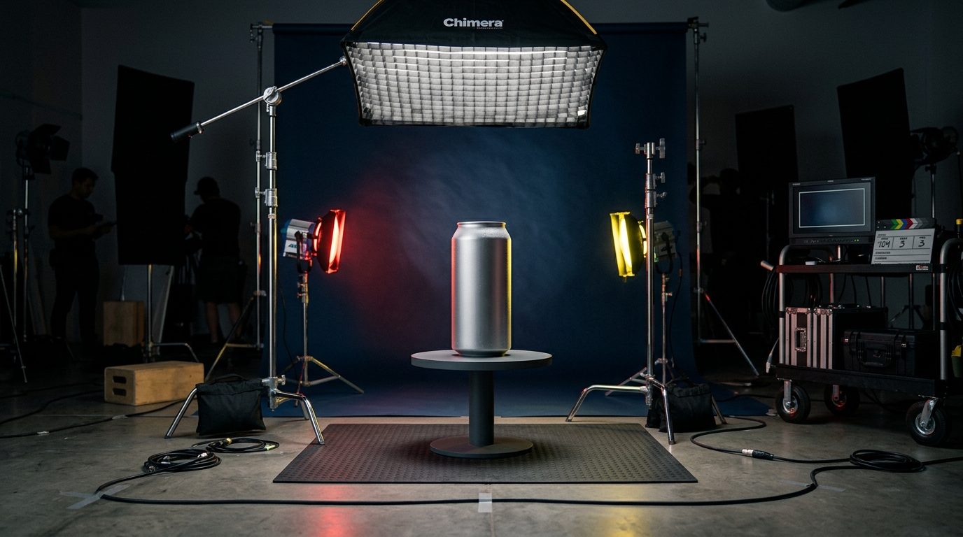 An emerging convenience-retail brand captured on a bright product-film studio set